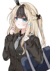  1girl anku_(reverseblue) black_bow black_crown black_hair black_shirt black_sweater blonde_hair bow collared_shirt commentary_request crown green_eyes grey_necktie hair_bow highres hitsuki_(ruon) long_hair multicolored_hair necktie official_alternate_costume reverseblue_x_re-birthend shirt solo sweater two-tone_hair two_side_up white_background 