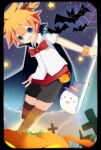  1boy armband bat_(animal) black_cape black_shorts blue_eyes bow bowtie brown_thighhighs cape collared_shirt cross crucifix cutlery fang fanny_pack fork ghost halloween halloween_costume happy hat high_ponytail highres horns jack-o&#039;-lantern kagamine_len male_focus meranoreuka_(naokentak) messy_hair open_mouth orange_hair pointy_ears ponytail red_bow red_bowtie shirt short_hair short_ponytail short_sleeves shorts silk single_horn smile solo spider_web star_(symbol) striped striped_thighhighs thigh-highs vocaloid white_shirt witch_hat 