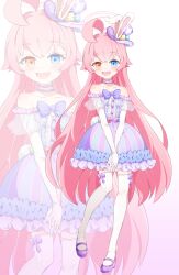  1girl 3kfce :d absurdres ahoge animal_ears blue_archive blue_eyes breasts commentary dress elbow_gloves fang gloves halo heterochromia highres hoshino_(blue_archive) long_hair open_mouth orange_eyes pink_hair pink_halo purple_shoes rabbit_ears shoes skin_fang small_breasts smile thigh-highs v_arms very_long_hair white_gloves white_thighhighs zoom_layer 
