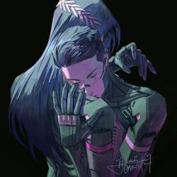  1boy 1girl adler_(signalis) android black_background blue_hair closed_eyes dated falke_(signalis) fune_(nkjrs12) hand_on_another's_back highres hover_hand hug long_hair metal_skin short_hair signalis signature simple_background skin_seams tears upper_body 
