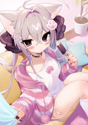  1girl 2000s_(style) absurdres ahoge animal_ears bandaid bandaid_on_leg black_choker black_ribbon blush breasts cardigan cat_ears choker closed_mouth commentary crossed_bangs dot_nose double-parted_bangs double_horizontal_stripe faux_retro_artstyle feet_out_of_frame food grey_hair hair_between_eyes hair_intakes hair_ribbon highres holding holding_food holding_popsicle kmnk_(kumanuko) kneehighs large_breasts long_hair long_sleeves looking_at_viewer o-ring o-ring_choker open_cardigan open_clothes original paw_hair_ornament pink_cardigan pink_eyes popsicle ribbon shirt sitting socks solo striped_cardigan white_shirt white_socks 