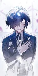  1boy black_jacket black_pants black_ribbon blue_hair closed_eyes gekkoukan_high_school_uniform hair_over_one_eye hand_on_own_chest hashtag-only_commentary headphones highres jacket mp3_player neck_ribbon open_mouth pants persona persona_3 petals pink_petals ribbon school_uniform shi_chi_41 shirt solo white_shirt wind_turbine yuuki_makoto_(persona_3) 