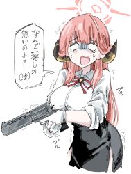  1girl aru_(blue_archive) blue_archive brown_horns commentary_request ganma_(nicoseiga52595768) gloves gun halo high-waist_skirt highres holding holding_gun holding_weapon horns pink_hair pink_halo resident_evil resident_evil_requiem revolver rsh-12 shirt shirt_tucked_in skirt sleeves_rolled_up solo translation_request trembling weapon white_background white_gloves white_shirt 