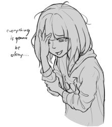  1girl 4chan 4chan_(/lgbt/) :d ahoge blunt_bangs bob_cut boymoder clothes_writing commentary covering_face cropped_torso english_commentary english_text eyes_visible_through_hair from_above greyscale hand_on_own_arm hand_up hood hood_down hoodie hunched_over long_sleeves looking_down mars_symbol medium_hair messy_hair monochrome one_eye_covered open_mouth original puffy_long_sleeves puffy_sleeves raised_inner_eyebrows sidelocks simple_background sketch smile solo spycei tearing_up tongue white_background 