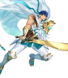  1boy armor attack blue_eyes blue_hair blue_headband cape closed_mouth feathers fingerless_gloves fire_emblem fire_emblem:_radiant_dawn fire_emblem_heroes gloves greatsword headband highres holding holding_sword holding_weapon ike_(fire_emblem) ike_(vanguard_legend)_(resplendent)_(fire_emblem) kuroba.k looking_at_viewer male_focus muscular muscular_male non-web_source official_alternate_costume pants popped_collar ragnell scarf solo sword v-shaped_eyebrows weapon white_cape white_gloves white_pants white_scarf 