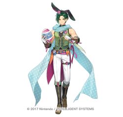  1boy animal_ears belt black_boots black_hairband black_pants black_shirt blue_scarf boots carrot closed_mouth commentary_request dagger easter_egg egg fake_animal_ears fingerless_gloves fire_emblem fire_emblem:_path_of_radiance fire_emblem:_radiant_dawn fire_emblem_heroes gloves green_hair green_jacket green_vest hairband holding holding_dagger holding_knife holding_weapon jacket knife looking_at_viewer male_focus official_alternate_costume official_art pants rabbit_ears scarf shirt simple_background sleeveless solo sothe_(fire_emblem) sothe_(in_the_breeze)_(fire_emblem) tsunakawa vest weapon white_gloves yellow_eyes 
