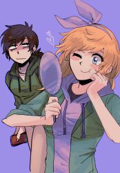  2girls animification annoyed antenna_hair black_shirt blue_eyes blush bow_hairband breasts brown_hair brown_pants can cola commentary_request drawstring drink drink_can eddsworld ell_(eddsworld) green_hoodie green_jacket hairband hand_on_own_face heart highres holding holding_can holding_drink holding_mirror hood hood_down hoodie jacket jitome long_hair long_sleeves looking_at_another looking_at_mirror low_ponytail matilda_(eddsworld) medium_breasts mirror multiple_girls one_eye_closed open_clothes open_jacket orange_hair pants ponytail purple_background purple_hairband purple_hoodie rainbowmisosoup shirt smile swept_bangs upper_body white_shirt 