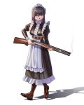  1girl :o alternate_costume ammunition_belt apron black_dress black_hair blush boots breasts brown_eyes brown_footwear colored_inner_hair dress english_commentary enmaided full_body gun haow highres holding holding_gun holding_weapon maid maid_apron maid_headdress medium_breasts multicolored_hair open_mouth original purple_hair shadow shizuku_inoue shotgun smoke smoking_gun solo trigger_discipline walking weapon white_background 