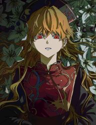  1girl belt black_belt black_dress blonde_hair chinese_clothes commentary_request cotolu crescent_print dalachi_(headdress) dress flower highres junko_(touhou) long_hair looking_at_viewer lying phoenix_print pom_pom_(clothes) portrait red_belt red_eyes red_tabard tabard touhou wavy_hair white_flower 