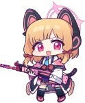  1girl :d absurdres animal_ear_headphones animal_ears assault_rifle battle_rifle black_skirt black_thighhighs blonde_hair blue_archive blue_necktie bow chibi collared_shirt commentary_request fake_animal_ears full_body gun h&amp;k_g3 hair_bow halo headphones highres holding holding_gun holding_weapon jacket long_sleeves looking_at_viewer momoi_(blue_archive) necktie off_shoulder panatisia pink_footwear red_bow rifle shirt shoes sidelocks simple_background skirt sleeves_past_wrists smile solo standing suspender_skirt suspenders tail teeth thigh-highs upper_teeth_only v-shaped_eyebrows violet_eyes weapon white_background white_jacket white_shirt wide_sleeves 