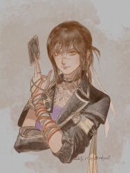  1girl between_fingers black_choker black_jacket bracelet brown_hair card card_between_fingers chest_tattoo choker clair_obscur:_expedition_33 cropped_torso dated fune_(nkjrs12) green_eyes highres holding holding_card jacket jewelry looking_at_viewer ring scar scar_on_face scar_on_nose sciel_(clair_obscur:_expedition_33) signature simple_background smile solo tattoo upper_body yellow_background 