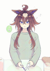  animal_ears bathroom blue_eyes blush brown_hair commentary cup epiphaneia_(umamusume) grey_sweater hair_between_eyes hair_tuft hi_(ibisf5umauma) highres holding holding_toothbrush horse_ears horse_girl long_hair long_sleeves multicolored_hair parted_lips sink solo streaked_hair sweatdrop sweater toothbrush toothpaste umamusume water 