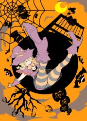  1girl absurdres amane_suzuha bibi_(coffe) blonde_hair bow bowtie braid candy commentary_request dress fg204 food full_body gloves halloween halloween_costume hand_up hat highres jack-o'-lantern long_hair narrowed_eyes open_mouth orange_bow orange_bowtie outstretched_arm pantyhose pumpkin purple_dress purple_gloves purple_hat purple_shoes science_adventure shoes silk smile smug solo spider_web steins;gate striped_clothes striped_pantyhose tongue twin_braids witch_hat 