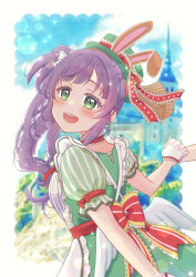  2girls :d animal_ear_headwear animal_ears bow commentary_request dress from_behind gloves green_dress green_eyes green_hat hair_bow hair_bun hat highres hinoshita_kaho holding_hands interlocked_fingers link!_like!_love_live! looking_to_the_side love_live! multiple_girls nagatsuki_chihoru open_mouth otomune_kozue out_of_frame pixiv_id puffy_short_sleeves puffy_sleeves rabbit_ears short_sleeves side_ponytail sidelocks single_side_bun smile solo_focus twitter_username virtual_youtuber white_bow white_gloves 