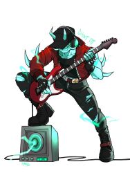  1boy 2025 animification ankle_boots artist_name baseball_cap belt black_boots black_gloves black_hat black_pants black_shirt blue_horns blue_skin boots character_name closed_mouth collarbone collared_jacket colored_skin commentary denim dj_booth_(ghost)_(tower_defense_simulator) dj_booth_(tower_defense_simulator) dress english_commentary fingerless_gloves fingernails from_above full_body gloves green-tinted_eyewear guitar hat headphones highres holding holding_guitar holding_instrument horns instrument jacket jeans knee_up lace-up_boots long_sleeves male_focus midriff_peek muscular muscular_male music navel no_nose official_alternate_costume official_alternate_skin_color open_clothes open_jacket oynrix pants playing_instrument puffy_long_sleeves puffy_sleeves red_belt red_jacket roblox shirt simple_background single_bare_arm single_bare_shoulder smile solo sparkle speaker spiked_gloves standing tinted_eyewear torn_clothes torn_jacket torn_jeans torn_pants tower_defense_simulator wavy_mouth white_background zipper_dress zipper_pull_tab 