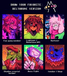  1other 2girls 6+boys absurdres ahoge androgynous animal_ears ant_tenna antenna_hair black_shirt black_vest blue_tongue blush_stickers closed_mouth collared_shirt colored_sclera colored_teeth colored_tongue commentary deltarune english_commentary english_text fangs friend_(deltarune) furry furry_female furry_male gerson_boom glasses gloves green-framed_eyewear green_sweater grin hat highres holding holding_microphone horns index_finger_raised kris_(deltarune) lancer_(deltarune) light_bulb long_hair long_sleeves looking_at_viewer microphone mihych mole mole_under_mouth multiple_boys multiple_girls necktie one_eye_closed open_clothes open_mouth open_vest pink_scarf purple_hair queen_(deltarune) ralsei red_hat red_suit robot round_eyewear scarf seam_(deltarune) semi-rimless_eyewear shaded_face sharp_teeth shirt short_hair skin_fangs smile spoilers suit susie_(dark_world)_(deltarune) susie_(deltarune) sweater teeth the_original_starwalker tongue tongue_out under-rim_eyewear utdr_(toby_fox) vest white_gloves yellow_necktie yellow_sclera yellow_teeth 