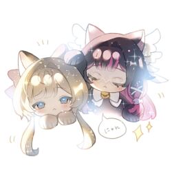  2girls :< animal_ears black_hair blue_eyes blush bow brown_hair cat_ears closed_eyes closed_mouth columbina_(genshin_impact) commentary_request eye_mask genshin_impact hair_bow hair_ornament hair_ribbon hand_on_another's_head head_wings highres long_hair long_sidelocks mask multicolored_hair multiple_girls multiple_wings paw_pose purple_hair purple_streaks ribbon sandrone_(genshin_impact) see-through_clothes see-through_mask short_hair_with_long_locks sidelocks simple_background streaked_hair tuzuriii_xx two-tone_hair very_long_hair white_mask white_wings wing_hair_ornament wings x-shaped_eyewear 