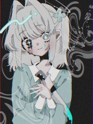  1girl aqua_eyes aqua_shirt black_background black_eyes closed_mouth commentary distortion film_grain flower grey_hair hair_flower hair_intakes hair_ornament hands_up heterochromia holding holding_knife imouto_tasha_paranoia knife light_smile long_hair long_sleeves looking_at_viewer sahana_(imouto_tasha_paranoia) second-party_source shirt sidelocks simple_background smile solo tabun_ningen translation_request upper_body yandere 