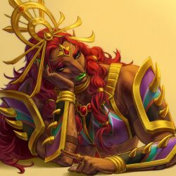  1girl aquiline_nose armor breastplate circlet dark-skinned_female dark_skin eyeshadow gerudo green_eyes green_lips hair_ornament highres jewelry long_hair makeup muscular muscular_female neck_ring nikoretteeatcigarette nose red_eyeshadow red_hair scar scar_on_arm scar_on_face shoulder_spikes simple_background smile solo spikes the_legend_of_zelda the_legend_of_zelda:_breath_of_the_wild upper_body vambraces 