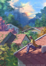  1boy artist_name blue_pants blue_sky brown_hair clouds commentary day english_commentary flock from_side house leaf looking_afar original outdoors painterly pants plant power_lines roof_shingles rooftop scenery shirt sky sunlight sylvain_sarrailh tree utility_pole vines web_address window yellow_shirt 