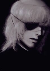  1boy badeni black_background black_tabard blonde_hair chi.:_chikyuu_no_undou_ni_tsuite commentary_request eyepatch highres k05062688 lips male_focus medium_hair nose open_mouth scar scar_on_face scar_on_lip scar_on_mouth scar_on_nose simple_background solo tabard tonsure 