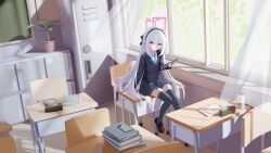  1girl absurdres black_hairband black_jacket black_skirt black_thighhighs blue_archive blue_necktie blush book breasts chair collared_shirt commentary_request day desk hair_between_eyes hairband halo highres indoors jacket kei_(blue_archive) kei_(new_body)_(blue_archive) long_hair long_hair_between_eyes looking_at_viewer necktie on_desk open_mouth pink_halo pleated_skirt rectangular_halo school_chair school_desk shelf shirt sitting skirt sleeves_past_fingers sleeves_past_wrists solo thigh-highs ula_cabbage very_long_hair white_hair white_shirt 