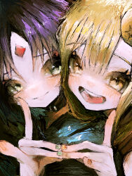  2girls absurdres blonde_hair brown_eyes cho_kaguya-hime! closed_mouth commentary forehead_jewel fox_shadow_puppet fox_shadow_puppet_kiss green_eyes green_nails highres kaguya_(cho_kaguya-hime!) multiple_girls nail_polish open_mouth orange_nails sakayori_iroha teeth untranslatable_commentary upper_body upper_teeth_only yo_mi_chi000 