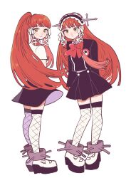  2girls alternate_costume black_skirt blunt_ends bow bowtie chimney_(chimney0311) closed_mouth commentary dual_persona fishnet_thighhighs fishnets gekkoukan_high_school_uniform high_ponytail highres long_hair looking_at_viewer multiple_girls persona persona_3 ponytail red_bow red_bowtie red_hair school_uniform simple_background skirt smile standing thigh-highs white_background yellow_eyes yoshino_chidori 