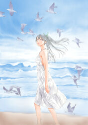  1girl alternate_costume bare_arms beach bird black_hair blue_eyes blue_sky breasts clouds commentary_request day dress feet_out_of_frame flock highres horizon houshou_(kancolle) kantai_collection long_hair looking_at_viewer ocean outdoors seagull sky sleeveless sleeveless_dress small_breasts solo sundress walking waves white_dress yuichi_(sp_sakura_yoshi) 