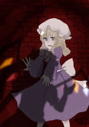  2girls absurdres back_bow blonde_hair bow bowtie brick_wall changeability_of_strange_dream collared_dress commentary_request contrast_collar crystal_wings dress enuchi_(jvdm7888) flandre_scarlet hand_on_wall hat highres long_sleeves maribel_hearn medium_hair mob_cap multiple_girls open_mouth pink_bow pink_bowtie purple_dress ribbon-trimmed_dress ribbon_trim sash scared shadow solo_focus standing sweat touhou white_bow white_hat white_sash wide_sleeves wings 