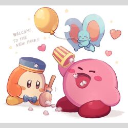  3boys bandana_waddle_dee blue_eyes blush blush_stickers chiimako colored_skin commentary_request elfilin food holding kirby kirby_(series) kirby_and_the_forgotten_land multiple_boys no_humans notched_ear open_mouth pink_skin popcorn smile 