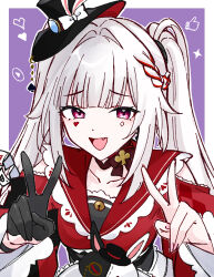  1girl :d black_gloves black_hat border braid commentary diamond_(shape) diamond_facial_mark double_v facial_mark fang gloves half_gloves half_up_braid hat heart heart_facial_mark highres honkai:_star_rail honkai_(series) looking_at_viewer multicolored_hair open_mouth outside_border pink_eyes purple_background raised_inner_eyebrows red_hat red_sailor_collar red_shirt red_streaks sailor_collar shirt sidelocks simple_background single_glove single_half_glove smile solo sparkle_(honkai:_star_rail) sparxie_(honkai:_star_rail) streaked_hair thumbs_up_emoji twintails two-sided_fabric two-sided_headwear upper_body v white_border white_hair zangemiya 