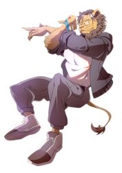  1boy animal_ears beastars claws full_body furry furry_male glasses grey_jacket grey_pants grey_shoes ibuki_(beastars) jacket lion_boy lion_ears lion_mane lion_tail looking_at_viewer male_focus pants parted_lips shirt shoes sitting smile stretching tail toro402 whiskers white_background white_shirt 