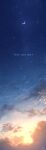  blue_sky clouds crescent_moon english_text gradient_sky highres moon no_humans original outdoors rune_xiao scenery sky star_(sky) starry_sky sun sunset 