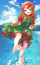  1girl :d barefoot beach brown_hair clouds commentary_request dragon_quest dragon_quest_vii dragon_quest_vii_reimagined dress green_dress green_eyes highres jewelry layered_sleeves long_sleeves looking_at_viewer maribel_(dq7) n2ewu nature outdoors ring short_over_long_sleeves short_sleeves sky smile solo splashing standing standing_on_one_leg teeth upper_teeth_only water 
