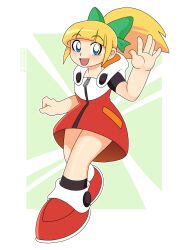  1girl :d absurdres black_socks blonde_hair blue_eyes blunt_bangs blush border bow buttons commentary deviantart_username dress english_commentary full_body green_background green_bow hair_bow hand_up highres hood hood_down hooded_dress long_hair looking_at_viewer mega_man_(classic) mega_man_(series) mega_man_11 multicolored_dress nico-neko open_mouth outline ponytail red_dress red_shoes roll_(mega_man) shoes short_dress short_sleeves smile socks solo standing twitter_logo twitter_username two-tone_dress waving white_border white_dress white_outline zipper_pull_tab 