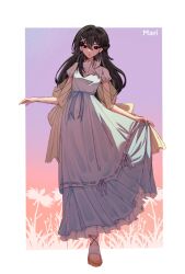  1girl :o back_bow backlighting bare_arms black_eyes black_hair blue_ribbon border bow braid braided_bangs breasts brown_shoes character_name chinese_commentary commentary_request double-parted_bangs dress egret_orchid floral_background frilled_dress frills full_body gradient_background hair_behind_ear hair_between_eyes hair_ornament halftone halftone_background highres long_dress long_hair mari_(birthday)_(omori) mari_(faraway)_(omori) mari_(omori) multicolored_shoes official_alternate_costume official_alternate_hairstyle omori orange_background outside_border parted_lips prototype_design purple_background ribbon ribbon-trimmed_dress ribbon_trim see-through_clothes see-through_sleeves shizhongwaitaikong07352 shoes short_sleeves simple_background skirt_hold small_breasts solo standing standing_on_one_leg two-tone_background two-tone_shoes very_long_hair white_border white_dress white_shoes wide_sleeves x_hair_ornament yellow_bow 
