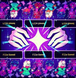  1boy 1girl 1other absurdres androgynous animal_ears antenna_hair armored_boots barefoot black_boots black_hair blue_skin boots bracelet cape chibi chibi_only closed_mouth colored_skin commentary cuirass deltarune english_commentary english_text furry furry_female furry_male glasses green-framed_eyewear grin hair_over_eyes hair_over_one_eye highres holding_hands horns jewelry kris_(dark_world)_(deltarune) kris_(deltarune) long_hair mihych mole mole_under_mouth open_mouth parted_lips pink_eyes pink_hair pink_skin ralsei red_cape semi-rimless_eyewear shaded_face short_hair smile spiked_bracelet spikes susie_(dark_world)_(deltarune) susie_(deltarune) teeth under-rim_eyewear utdr_(toby_fox) 