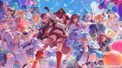  6+girls :d ;d absurdres aki_rosenthal alternate_costume animal_ears anya_melfissa artist_request asymmetrical_legwear balloon belt beret blonde_hair blue_hair boots breasts brown_hair claws clothing_cutout coat colored_tips commentary_request company_name confetti copyright_notice curled_horns dark-skinned_female dark_elf dark_skin day detached_sleeves dog_ears dog_girl dog_tail double_bun dress elf eyepatch fur_thighhighs fuwawa_abyssgard gloves gown grey_hair hair_bun hair_ornament hair_wings hand_up hat headset highres hololive hololive_dreams hololive_english hololive_indonesia hood hooded_jacket horns houshou_marine jacket jewelry kobo_kanaeru long_hair long_sleeves looking_at_viewer midriff mismatched_legwear mococo_abyssgard momosuzu_nene multicolored_hair multiple_girls natsuiro_matsuri necklace number_print official_art on_one_knee one_eye_closed one_eye_covered open_clothes open_coat open_jacket orange_hair outdoors partially_fingerless_gloves pavolia_reine peaked_cap pink_hair pirate_hat pleated_skirt pointy_ears ponytail print_shirt puffy_detached_sleeves puffy_sleeves quilted_jacket red_hair second-party_source sheep_ears sheep_girl sheep_horns shiranui_flare shirt shoes short_hair short_shorts shorts siblings sisters sitting skirt sleeveless smile socks standing tail takane_lui thigh-highs tokino_sora torn_clothes torn_thighhighs tsunomaki_watame twins twintails untucked_shirt visor_cap wavy_hair white_hair 