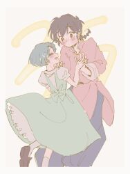  1boy 1girl ^_^ blue_hair blush braid closed_eyes closed_mouth cocoa_681 commentary_request dress fuurinkan_high_school_uniform green_dress grey_hair highres holding_hands pastel_colors ranma_1/2 saotome_ranma school_uniform short_hair single_braid smile tendou_akane 