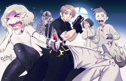  >_< 2girls 4boys blonde_hair bulging_eyes colo_(nagrolaz) covering_own_mouth crying grace_ashcroft groin_attack gun handgun highres lab_coat leon_s._kennedy looking_at_another multiple_boys multiple_girls pale_skin resident_evil resident_evil_requiem scared torn_clothes victor_gideon weapon 
