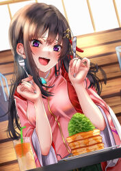  1girl :d black_hair blush breasts commentary_request cowboy_shot drink dual_wielding dutch_angle eyelashes fingernails food fork furrowed_brow glass hair_between_eyes hair_ornament hairclip hands_up happy heaven_burns_red highres holding holding_fork holding_knife indoors japanese_clothes knife lips long_hair long_sleeves looking_at_food looking_down medium_breasts nikaidou_misato noir_(nowaru) open_mouth pancake pancake_stack parallel_hairclips signature sitting smile solo straight_hair tassel tassel_hair_ornament teeth tsurime upper_teeth_only violet_eyes wide_sleeves 