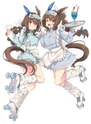  2girls admire_vega's_twin_sister_(umamusume) admire_vega_(umamusume) animal_ears apron aqua_jacket blue_jacket blue_track_suit blush braid braided_ponytail breasts brown_hair ear_covers frilled_apron frilled_hairband frills hair_between_eyes hairband highres holding holding_hands holding_pastry_bag holding_tray horse_ears horse_girl horse_tail jacket jersey_maid kuon_kimi leg_warmers long_hair long_sleeves looking_at_viewer loose_socks low_ponytail maid maid_apron multiple_girls one_eye_closed open_mouth parted_lips pastry_bag ponytail roller_skates siblings single_ear_cover sisters skates smile socks tail track_jacket track_suit tray twin_braids umamusume unconventional_maid violet_eyes waist_apron white_apron 