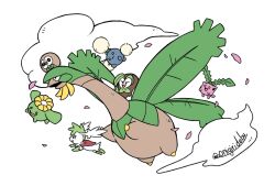  :3 banana closed_eyes closed_mouth clouds commentary_request dartrix eyelashes flying food fruit green_eyes highres hoppip jumpluff leaf no_humans onigiri_debu open_mouth petals pink_petals pokemon pokemon_(creature) pokemon_focus red_eyes riding riding_pokemon rowlet shaymin shaymin_(sky) skiploom smile trait_connection tropius twitter_username wings yellow_eyes 