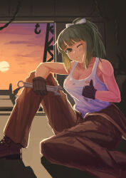  1girl absurdres black_gloves breasts brown_eyes brown_jumpsuit commentary_request gloves green_hair hair_ribbon highres holding holding_wrench hook jumpsuit jumpsuit_around_waist kantai_collection lili_(egas4455) long_hair medium_breasts one_eye_closed ponytail ribbon sitting solo sunset tank_top thumbs_up white_tank_top wrench yuubari_(kancolle) 