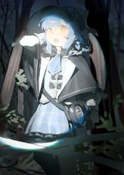  1girl absurdres arm_behind_head belt black_belt black_bow black_bowtie black_capelet blue_hair blue_necktie blue_skirt bow bowtie braid braided_hair_rings capelet chinese_commentary churi_lan commentary_request feet_out_of_frame forest grey_vest hair_rings hat highres looking_at_viewer magnifying_glass mahou_shoujo_no_majo_saiban medium_hair nature necktie night open_mouth outdoors partial_commentary plaid_clothes plaid_skirt skirt solo spotlight standing tachibana_sherry tree vest yellow_eyes 