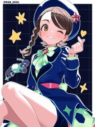  1girl black_hair blue_jacket blush bow braid brown_eyes commentary_request green_bow green_shirt highres jacket juliana_(pokemon) long_hair one_eye_closed pokemon pokemon_sv rogobo_(rgb_0127) shirt shorts side_braid sitting smile solo teeth terapagos terapagos_(normal) 
