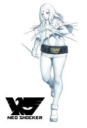 1girl belt black_belt blue_eyes boots clenched_teeth colored_skin commentary dress eidenjyou1997 elbow_gloves emblem english_commentary full_body genderswap genderswap_(mtf) gloves highres holding kamen_rider kogoensky long_hair looking_at_viewer monster_girl neo_kamen_rider pantyhose poncho sharp_teeth shocker_(kamen_rider) short_dress simple_background solo standing standing_on_one_leg teeth white_background white_boots white_dress white_gloves white_hair white_pantyhose white_skin