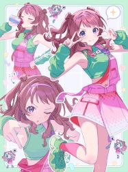  1girl arm_warmers bandaid bandaid_on_leg blue_eyes blush bottle breasts brown_hair commentary detached_sleeves double_v drinking gakuen_idolmaster hair_bun hairband hanami_saki highres idolmaster long_hair looking_at_viewer miracle_na_now!_(idolmaster) misuzu0342 multiple_views one_eye_closed overall_skirt overalls pink_hairband pink_skirt pointing pointing_at_viewer shoes skirt sleeveless smile sneakers socks untranslatable_commentary v 