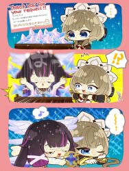  !? ... 2girls absurdres asr_g_orz bare_shoulders black_collar black_hair black_sleeves blue_eyes blush bonnet breasts brown_hair chibi chibi_only closed_eyes closed_mouth collar columbina_(genshin_impact) commentary_request detached_collar detached_sleeves dress english_text eye_mask genshin_impact gloves hair_flaps hair_ornament hair_ribbon hand_on_own_cheek hand_on_own_face head_wings headdress highres holding long_hair long_sleeves lying mask masterless_starglitter multicolored_hair multiple_girls multiple_wings musical_note on_stomach open_mouth primogem purple_hair purple_streaks ribbon sandrone_(genshin_impact) see-through_clothes see-through_mask short_hair short_hair_with_long_locks sidelocks smile sparkle spoken_ellipsis spoken_musical_note streaked_hair surprised translation_request treasure_chest twitter_username two-tone_hair very_long_hair white_dress white_gloves white_headdress white_mask white_wings wing_hair_ornament wings wrist_bow x-shaped_eyewear 